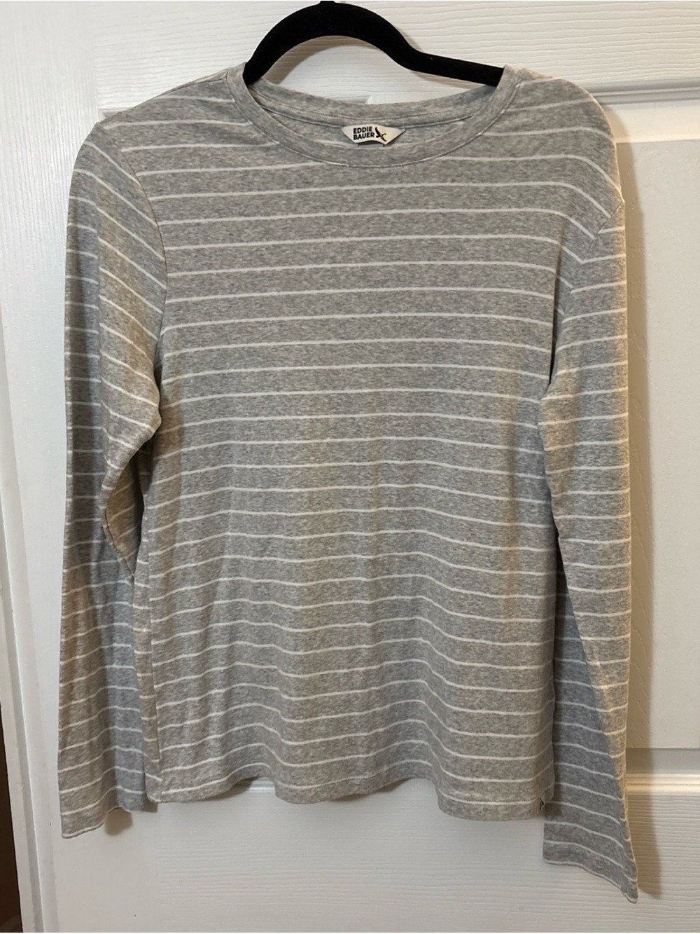Eddie Bauer Gray and White Striped Crewneck Sweater
